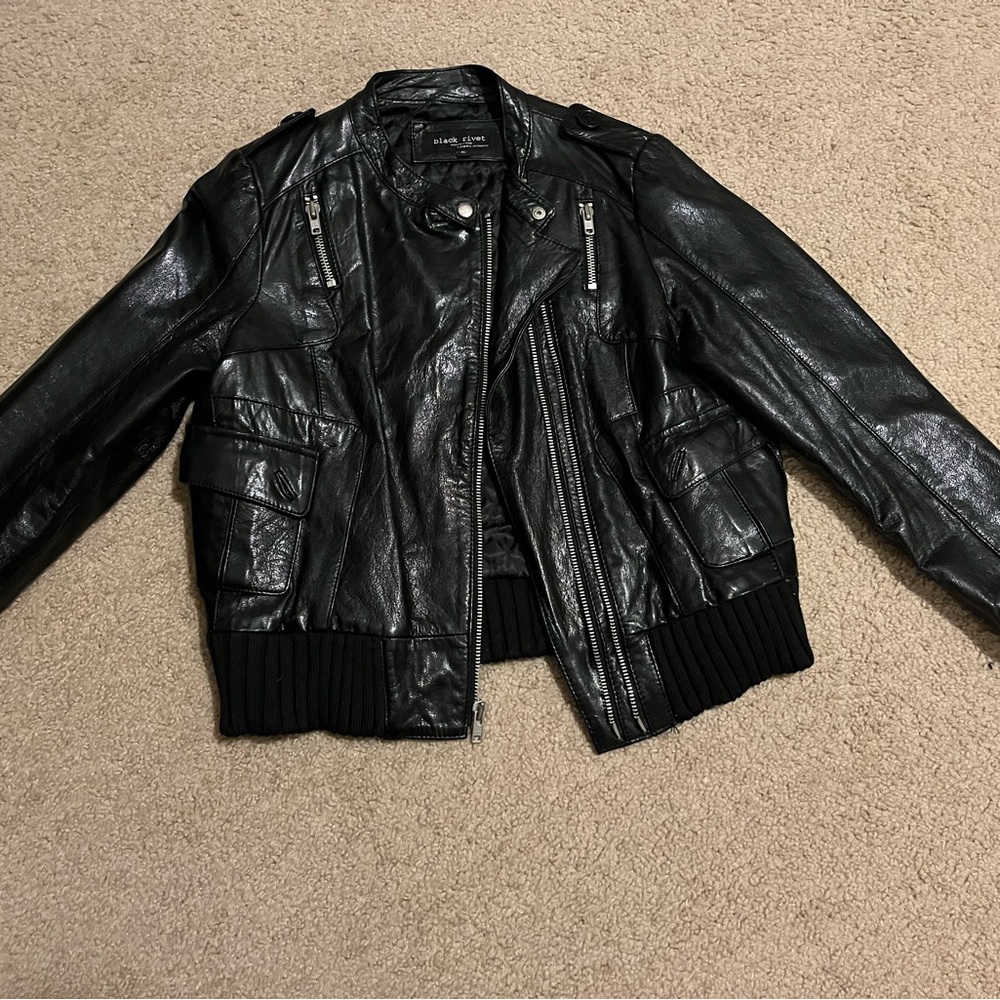 Womens Black Leather Bomber Jacket